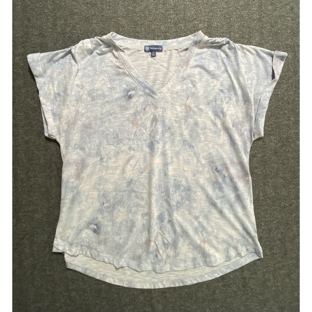 Democracy Womens Blue White Tie Dye Lace Trim V-Neck Blouse L B3620TK4E